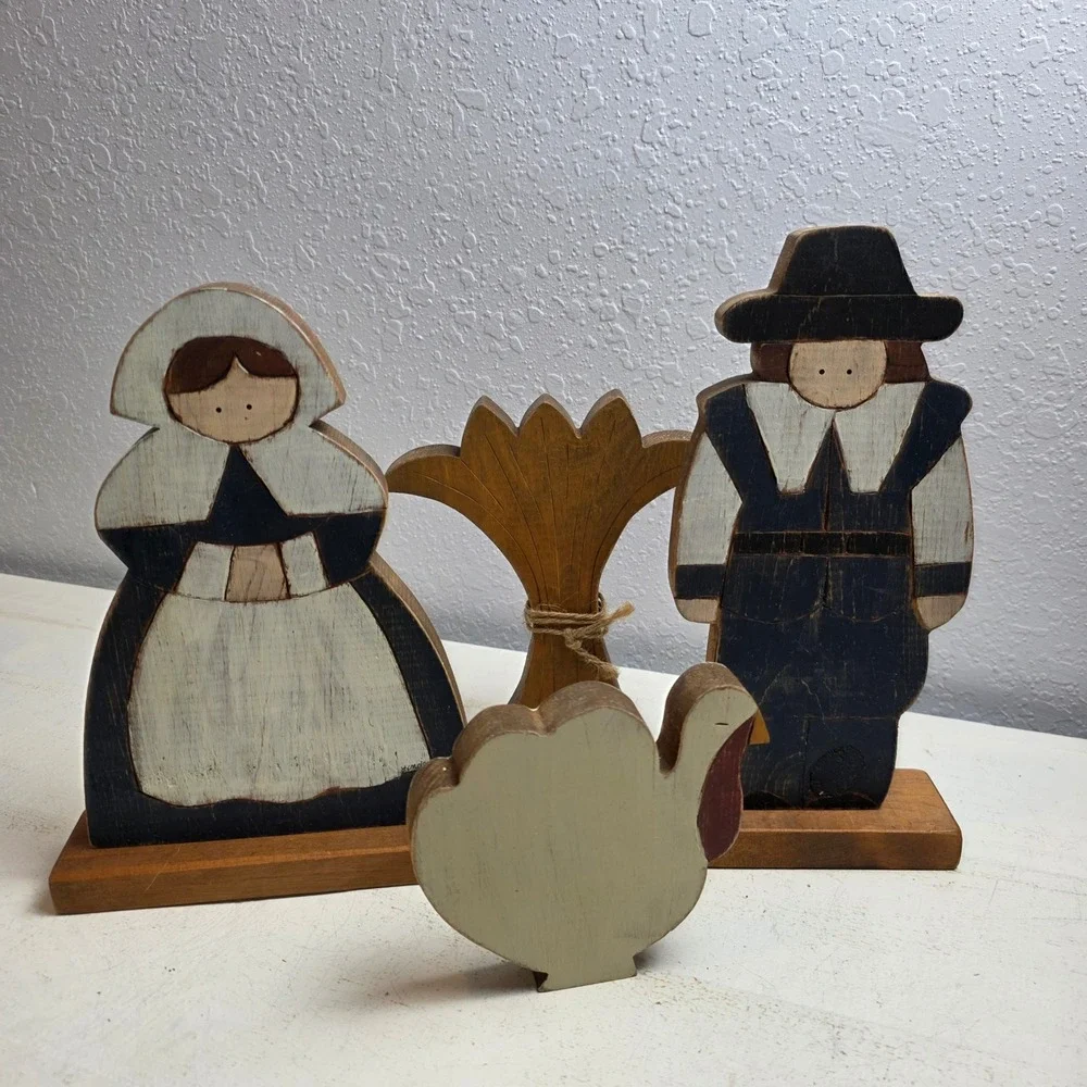 Vintage Primitive Wooden Thanksgiving Pilgrim Turkey Wheat Set 4pc Farmhouse
